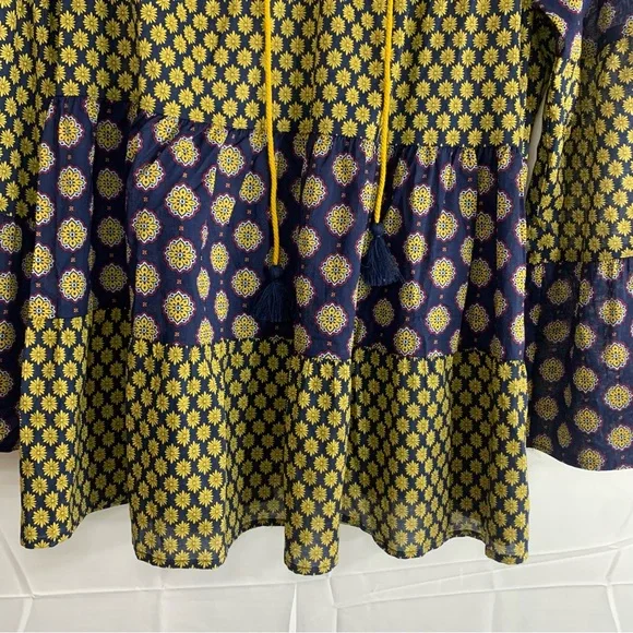 Earthbound Trading Co. Mixed Print Boho Tiered Cotton Navy Peasant Tunic, size M - Picture 7 of 12